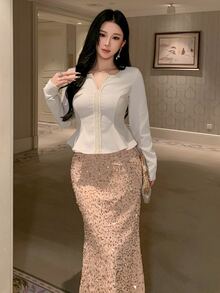 DAZY Women's Solid Color Long Sleeve Top And Skirt Casual 2 Pieces Set - Apricot - View 4