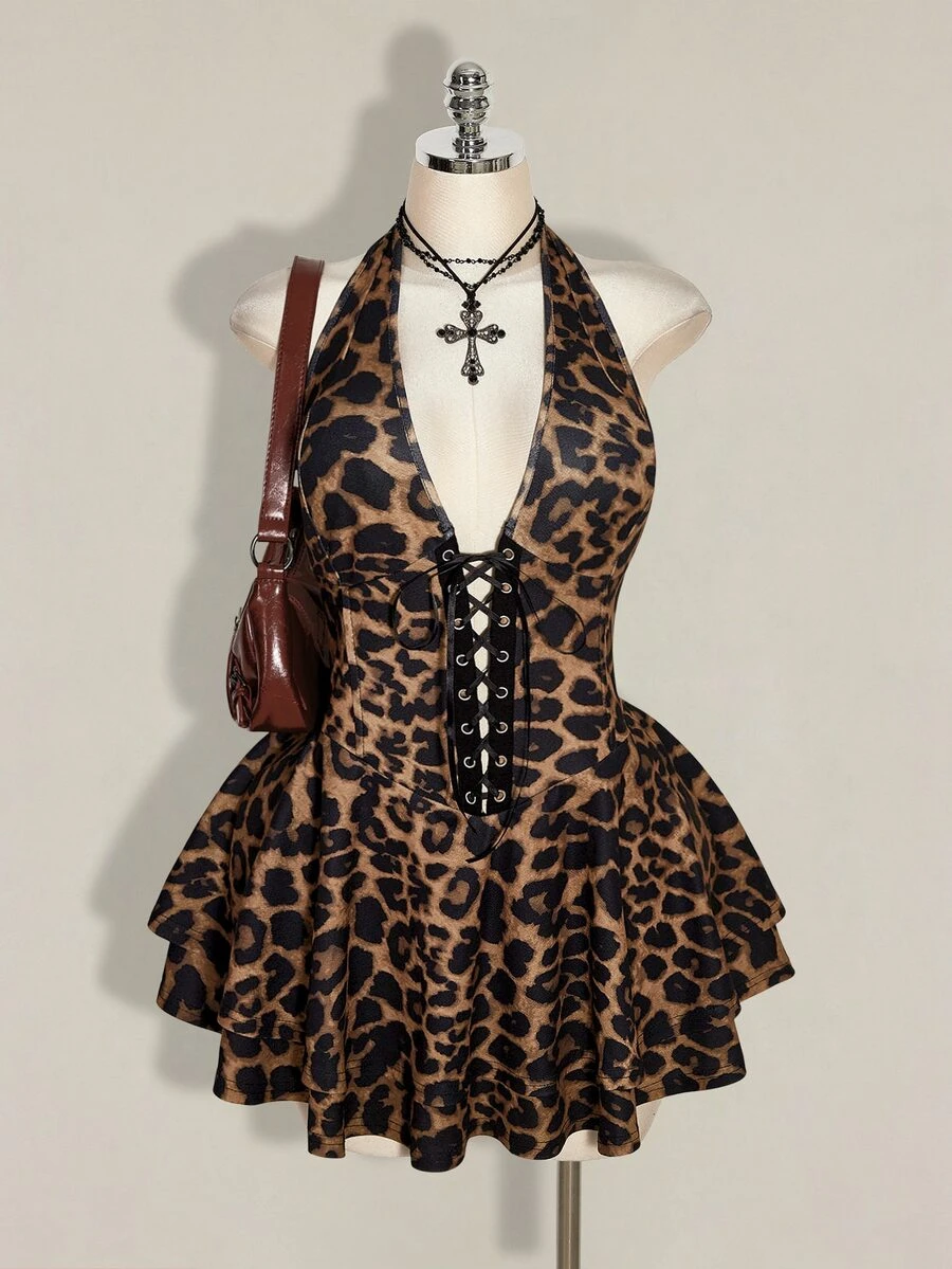 SHEIN ICON Gaun Kasual Wanita Ukuran Plus Motif Leopard dengan Desain Tali Pengikat untuk Musim Panas, Model Halter Neck - Coklat - View 1
