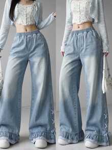 FRIFUL Women's Elastic Waist Casual Versatile Daily Wear Jeans Everyday School Light Blue Fall - Blue - View 1