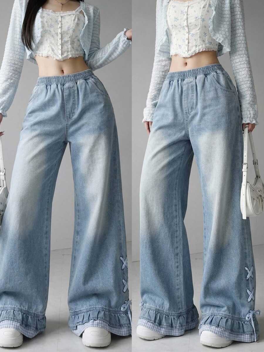 FRIFUL Women's Elastic Waist Casual Versatile Daily Wear Jeans Everyday School Light Blue Fall - Blue - View 1
