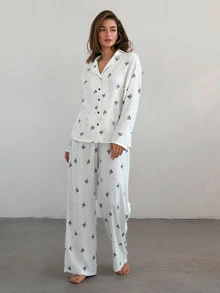Livesso Women's All-Over Print Long Sleeve Top And Pants Casual Daily Home Sleepwear Set - White - View 4