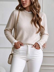SHEIN LUNE CURVE Beige Lace Patchwork Knit Sweater . Pearl Cuffs . Ruffle Collar . Slimming Versatile Plus Size Pullover - Apricot - View 3