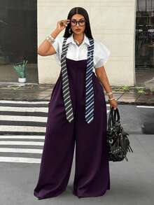 Mawevolt Plus Size Fashion Commuter Striped Suspender Jumpsuit Fall - Purple - View 1