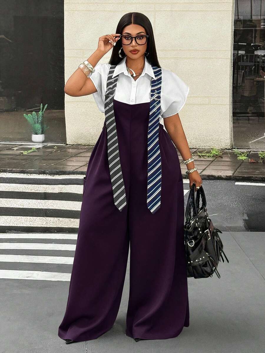 Mawevolt Plus Size Fashion Commuter Striped Suspender Jumpsuit Fall - Purple - View 1
