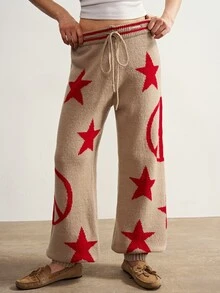 Bohemela Women's Striped Drawstring Waist Five-Point Star Pattern Wide Leg Loose Casual Tapered Knit Long Pants - Khaki - View 2