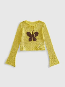 ROMWE Autumn/Winter Fairycore Semi-Hollow Crochet Butterfly Women's Sweater - Pale Yellow - View 1