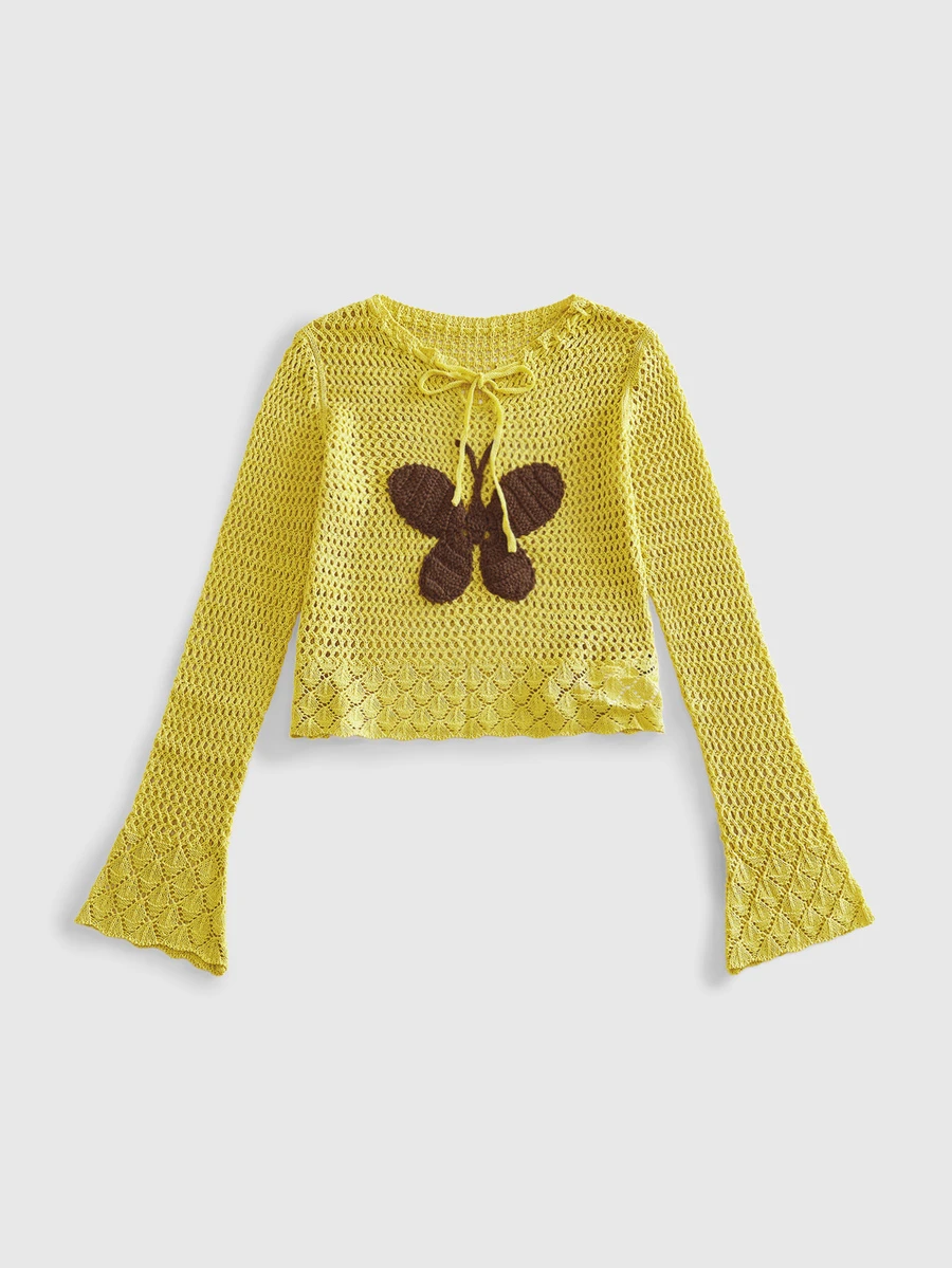 ROMWE Autumn/Winter Fairycore Semi-Hollow Crochet Butterfly Women's Sweater - Pale Yellow - View 1