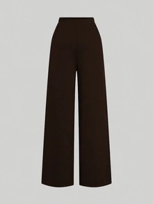 SHEIN Clasi Plus Size Women Solid Color Contrast Patchwork Lapel Short Sleeve Slim Fit Elegant Daily 2 In 1 Shirt T-Shirt + Loose Casual Versatile Long Pants 2 Pieces Set - Brown - View 3