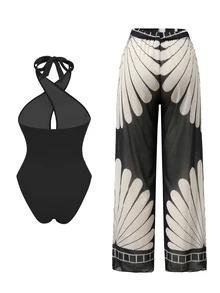Swim Oasis Fashion New Solid Color Hollow Cross Halter Neck One Piece Swimsuit For Women With Printed Cover-Up Beach Set - Multicolor - View 2
