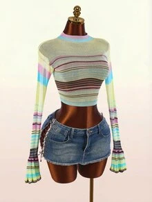 Amplova Women's Colorful Striped Long Sleeve Cropped Casual Sweater - Multicolor - View 5