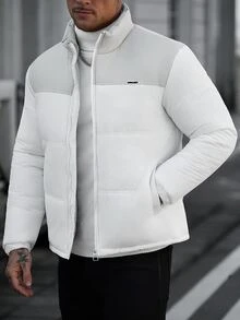 Manfinity Homme Men's Autumn/Winter Colorblock Quilted Padded Coat, Stand Collar Short Zip-Up Padded Coat, Elastic Hem And Cuffs, Suitable For Daily Outdoor Wear - Multicolor - View 4