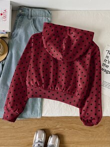 SHEIN Tween女孩秋冬新款針織圓點圖案寬鬆休閒極簡舒適日常街頭風連帽寬鬆版型口袋前開襟拉鍊短款長袖衛衣外套 白色返校穿搭，極簡休閒，返校季，百搭，休閒時尚 - 酒紅色 - 查看 2