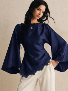 Poéselle 女款優雅通勤約會晚餐辦公夜場合純色喇叭袖蕾絲拼接不對稱下擺襯衫 秋季海軍藍 - 藏蓝色 - 查看 5