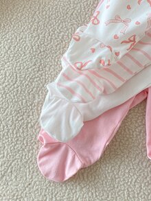 SHEIN 4件組女嬰連腳緊身褲，柔軟棉質新生兒長褲，蝴蝶結與條紋印花嬰兒下裝，萬聖節聖誕節適用 - 彩色 - 查看 6