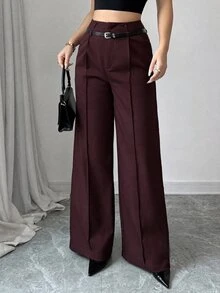 SHEIN PETITE 早春新款休閒高腰純酒紅色直筒長褲，附配對復古腰帶，極簡復古優雅風，適合日常與上班穿著的女士長褲 - Bold Plum - 查看 3
