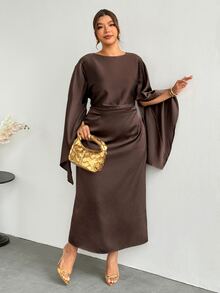 Firerie Plus Size Women Solid Color Round Neck Cape Sleeve Pleated Elegant Dress - Coffee Brown - View 4
