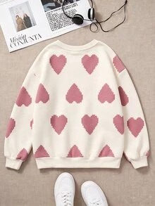 Tween Girl Casual Minimalist Loose Round Neck Comfortable Long Sleeve Sweatshirt, Suitable For Autumn/Winter, Classic Pixel Heart Pattern Print - White - View 4