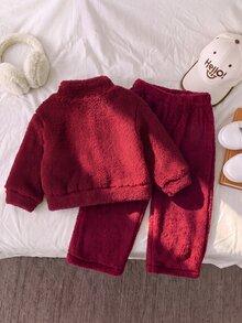 SHEIN 2件組幼童女款運動衫+運動長褲 可愛酒紅色蝴蝶結刺繡飾邊 半拉鍊長袖立領 開學季秋季套裝 - 紅色 - 查看 2