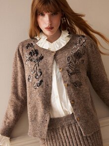 Arave Women Cardigan Skirt Set Slim Straight Knitted Floral Sequin Embroidery Button Front Ribbed Elegant Brown Floral Women's Set Fall Clothes For Women - Khaki - View 3