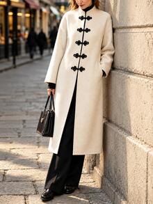 Balvessa Women's New Chinese Style Frog Button Overcoat, Loose Long Jacket, High-End Autumn/Winter Outerwear - Beige - View 4