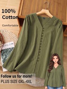 Rusticease Plus Size Minimalist Versatile Button Long Sleeve Shirt - Army Green - View 12
