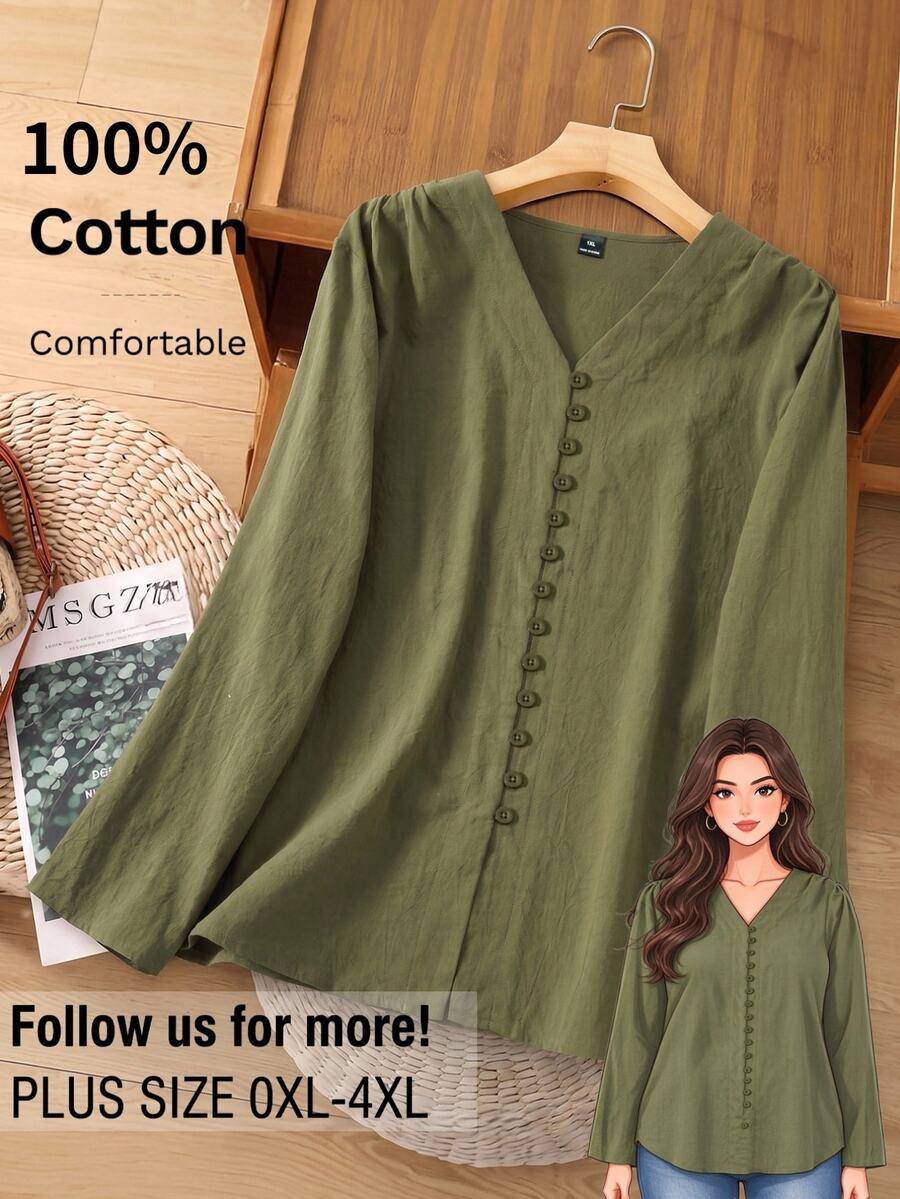 Rusticease Plus Size Minimalist Versatile Button Long Sleeve Shirt - Army Green - View 1