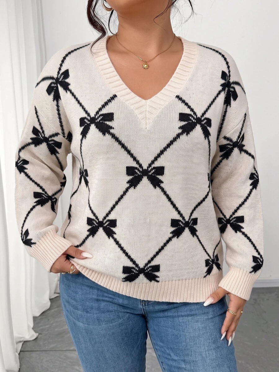 Elenzga Plus Size V-Neck Pullover Long Sleeve Sweater, Argyle Bow Soft Knit Loose Top, Autumn/Winter - Apricot - View 1