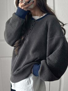 FRIFUL Women's Colorblock Dropped Shoulder Long Sleeve Button Half-Placket Casual Sweatshirt - Grey - View 5