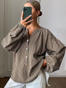 DAZY 女款對比格紋寬鬆套頭長袖休閒度假秋季襯衫 早午餐棕色格紋 - 卡其色 - 查看 3