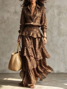 SHEIN Women's Leopard Print Lapel Button Long Sleeve Shirt + Layered Ruffle Skirt 2pcs Set - Multicolor - View 1