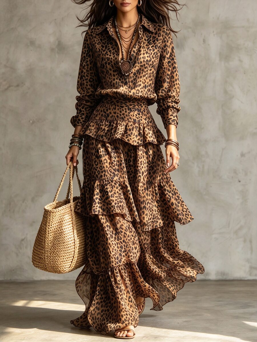 SHEIN Women's Leopard Print Lapel Button Long Sleeve Shirt + Layered Ruffle Skirt 2pcs Set - Multicolor - View 1