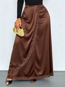 SOLERSUN Plus Size Sexy Elegant Women's Design Satin Lace Patchwork Skirt, Suitable For Commute, Casual, Tea Party, Autumn/Winter - Brown - View 2
