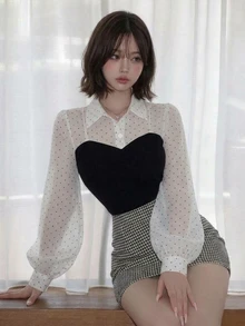 FRIFUL Women's Patchwork Polka Dot Print Long Sleeve 2 In 1 T-Shirt - Black - View 3