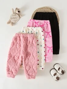 SHEIN 4件組女嬰幼兒女童抓絨褲 可愛甜美粉色白色黑色波點蝴蝶結印花 毛茸茸厚實 秋冬冬季節日派對毛衣褲 - 酒紅色 - 查看 2