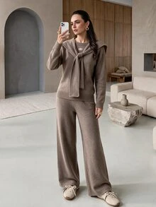 Rue Lumi Women's Autumn/Winter 2 Pieces Set Round Neck 2 In 1 Navy Collar Long Sleeve Sweater Set - Khaki - View 1