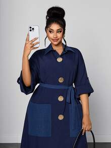 Maweii Plus Size Navy Blue Long Shirt Dress With Contrast Pocket Decor, Button Tie Waist, 3/4 Sleeve Fall Brunch Party Elegant - Navy Blue - View 2