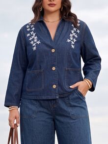 EMERY ROSE Plus Size Women's Casual Comfortable Deep Blue Non-Stretch Embroidered Denim Jacket - Dark Wash - View 5