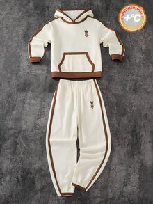 SHEIN 2件組兒童青少年男孩休閒運動風仿牛仔效果連帽衫與牛仔褲套裝，適合秋冬、學校、家庭聚會、度假、派對，秋季穿搭、冬季穿搭，男孩兒童套裝 - 彩色 - 查看 4