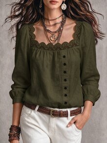 SHEIN 女款 100% 純棉蕾絲領開襟長袖襯衫 - 墨綠色 - 查看 3