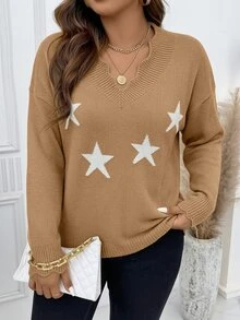 SHEIN LUNE Áo len chui đầu dệt jacquard phối màu tương phản phong cách tối giản mặc hàng ngày size lớn - Lạc đà - Xem 3