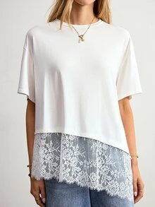 Willow Rêve Women's Round Neck Lace Patchwork Asymmetrical Hem T-Shirt - White - View 5