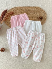 SHEIN 4件組女嬰連腳緊身褲，柔軟棉質新生兒長褲，蝴蝶結與條紋印花嬰兒下裝，萬聖節聖誕節適用 - 彩色 - 查看 3