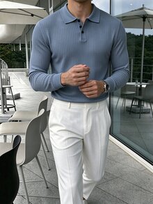 Claim Dot 男士素色休閒日常長袖 Polo 衫 - 淺藍色 - 查看 5