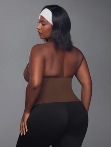 Voyena Plus Size Women's Brown Halter Sports Bra, Ruched Front Padded Crop Tank Top, Deep V Open Back For Yoga Running, Knit Activewear, Fall - Brown - View 2