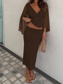 Siren Gaze Autumn Elegant Party Two Pieces Set For Women, Deep V-Neck Pleated Ruffle Hem Shirt And Skirt Set, Western Vintage Casual Formal Outing Wedding - Brown - View 4