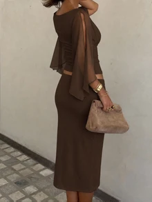 Siren Gaze Autumn Elegant Party Two Pieces Set For Women, Deep V-Neck Pleated Ruffle Hem Shirt And Skirt Set, Western Vintage Casual Formal Outing Wedding - Brown - View 2