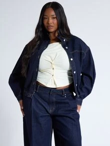 MUSERA Plus Size Blue Denim Funnel Neck Balloon Sleeve Jacket Fall Autumn Winter Women Outfit Day Outfit Casual - Blue - View 1