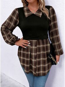 SHEIN LUNE Plus Size Casual Plaid Patchwork Knit Ribbed Fabric Lantern Sleeve Swallowtail Collar Women's Blouse Shirt - Multicolor - View 3