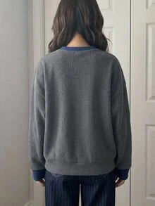FRIFUL Women's Colorblock Dropped Shoulder Long Sleeve Button Half-Placket Casual Sweatshirt - Grey - View 2