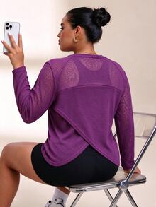 SHEIN Rhythm Era Plus Size Women Solid Color Long Sleeve Casual Fitness Sports T-Shirt - Bold Plum - View 1